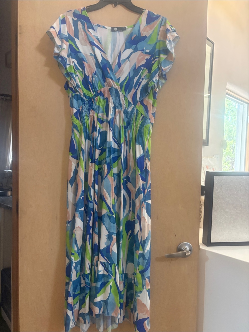 M Made in Italy Blue & Green Abstract Print V-Neck Maxi Dress